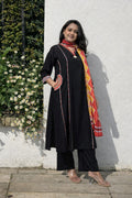 Black  A-Line Suit Set with Printed Dupatta