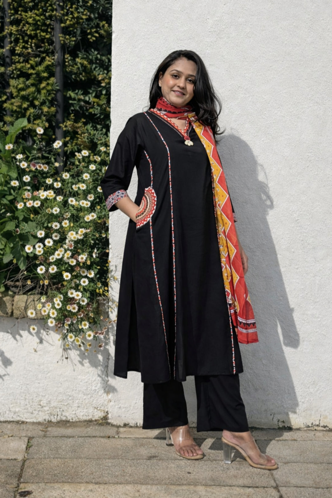 Black  A-Line Suit Set with Printed Dupatta