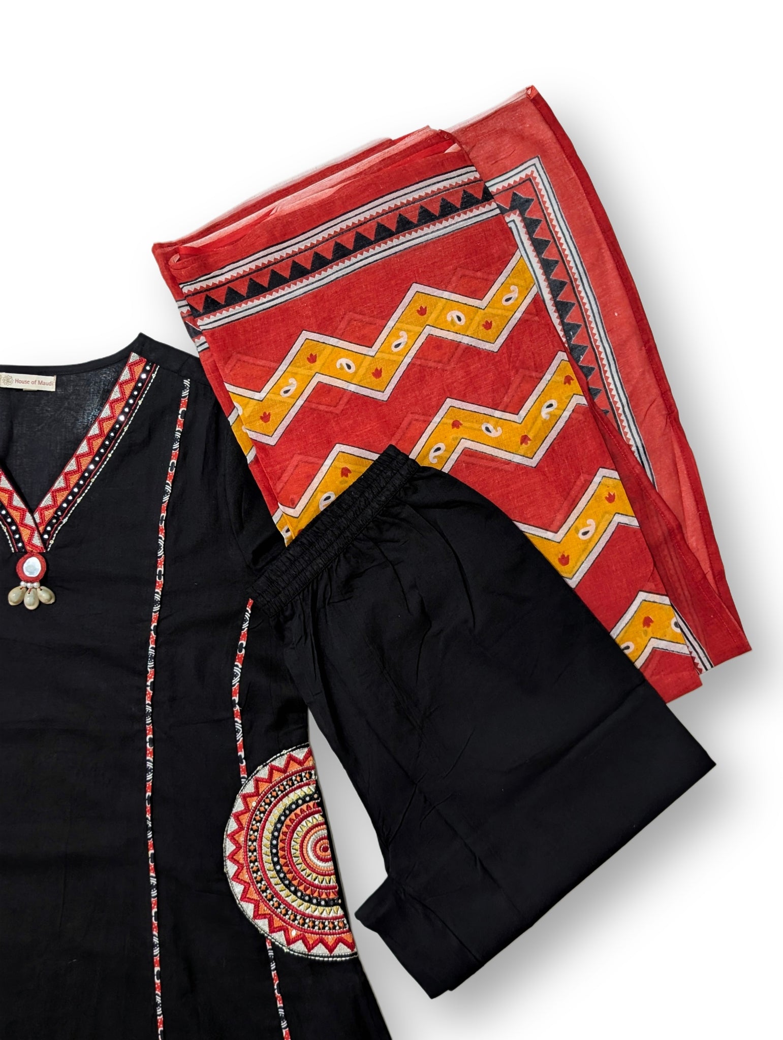 Black  A-Line Suit Set with Printed Dupatta