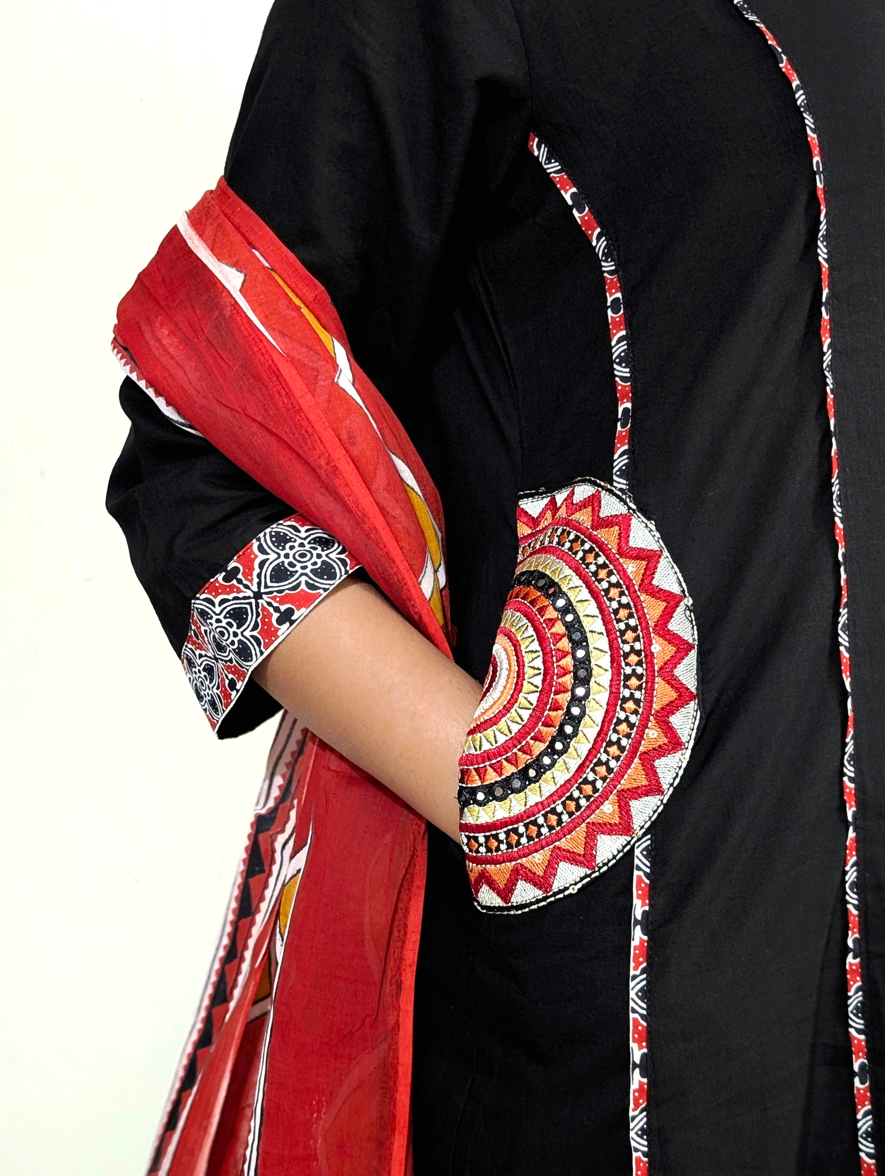 Black  A-Line Suit Set with Printed Dupatta