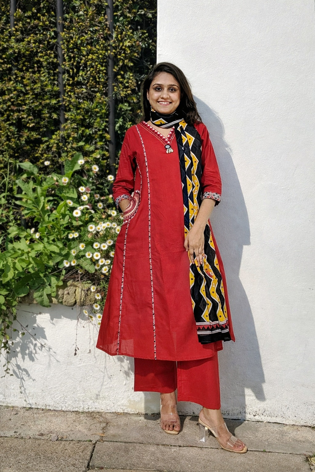 Red A-Line Suit Set with Printed Dupatta