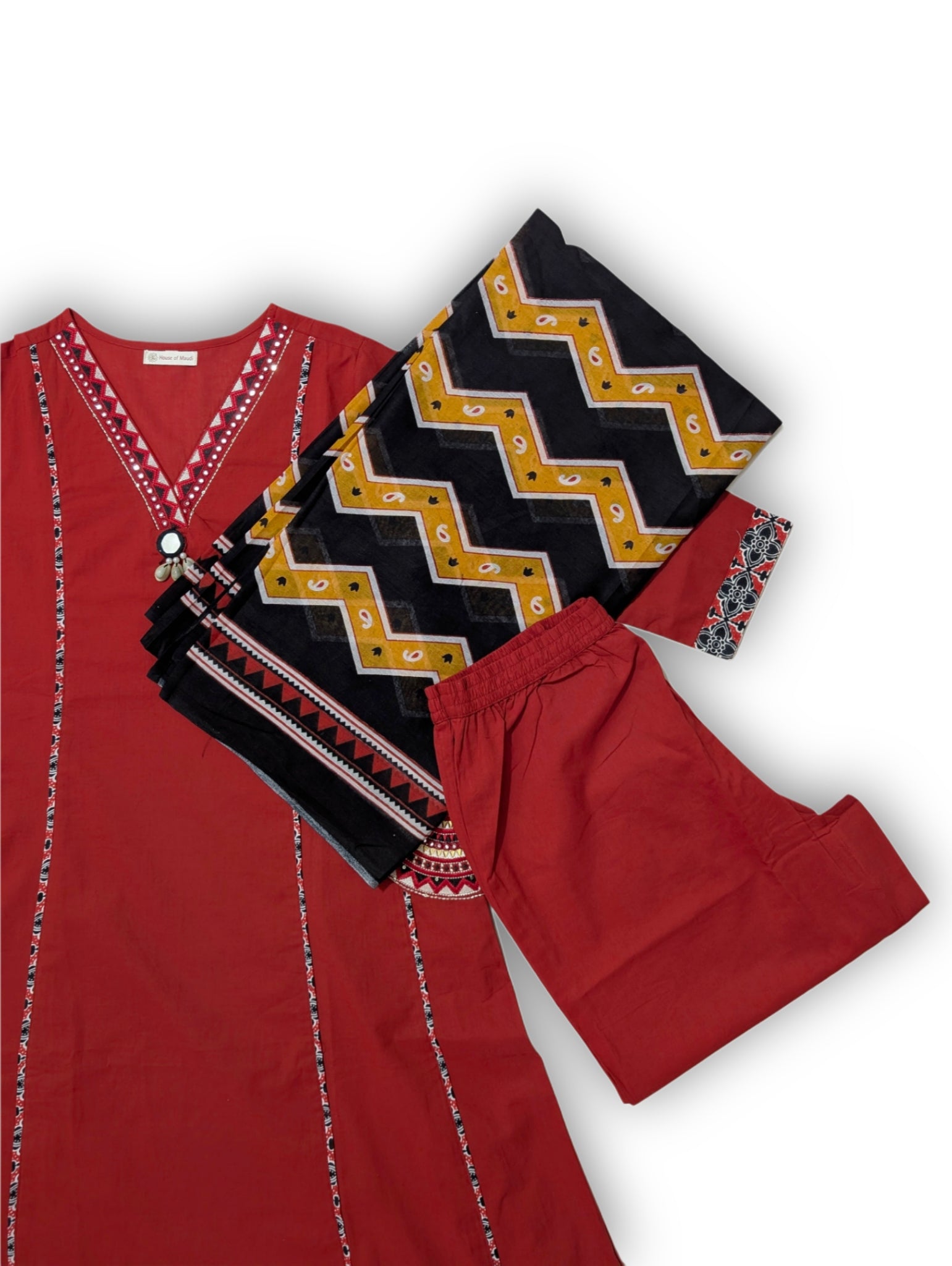 Red A-Line Suit Set with Printed Dupatta