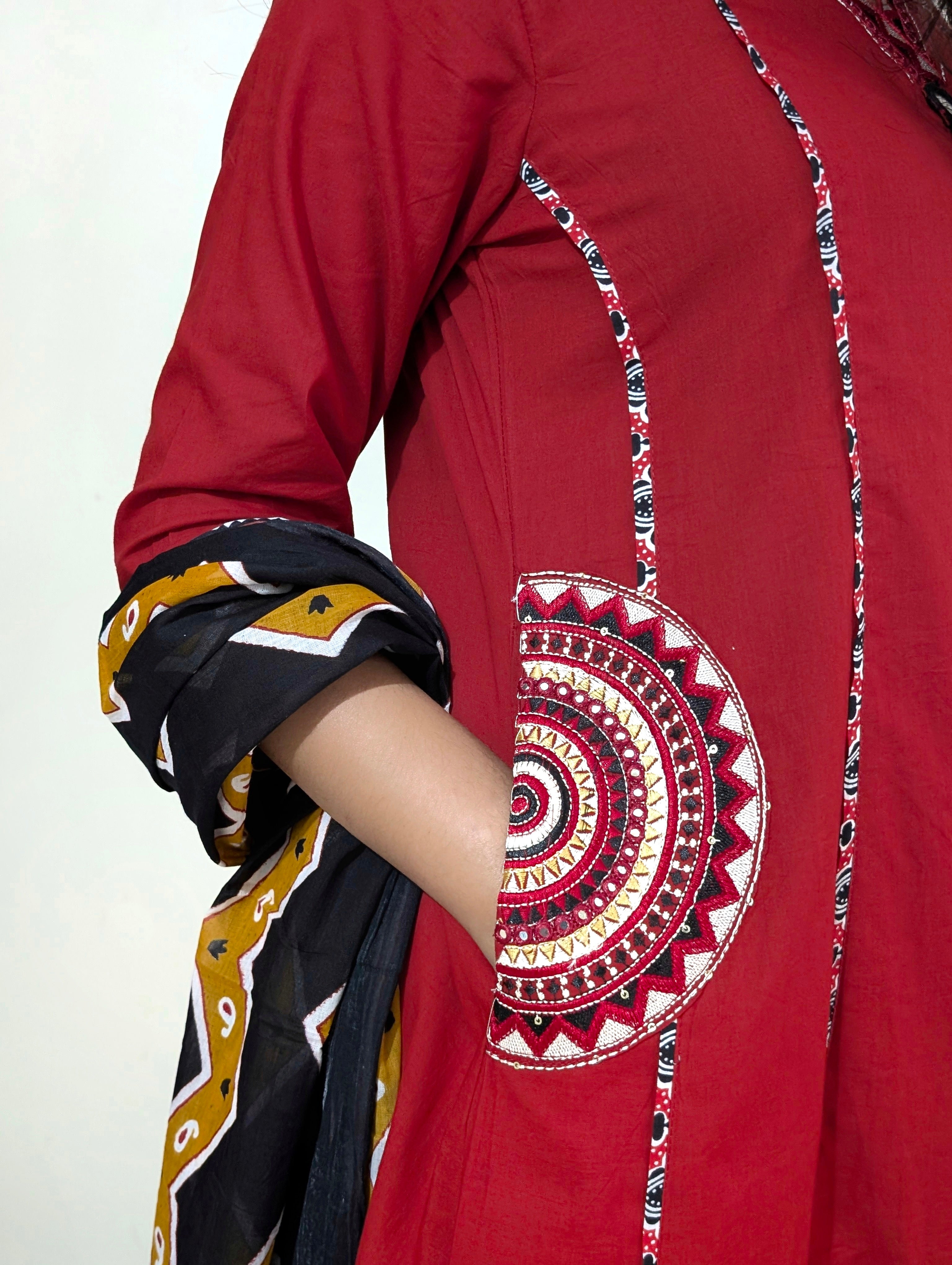 Red A-Line Suit Set with Printed Dupatta