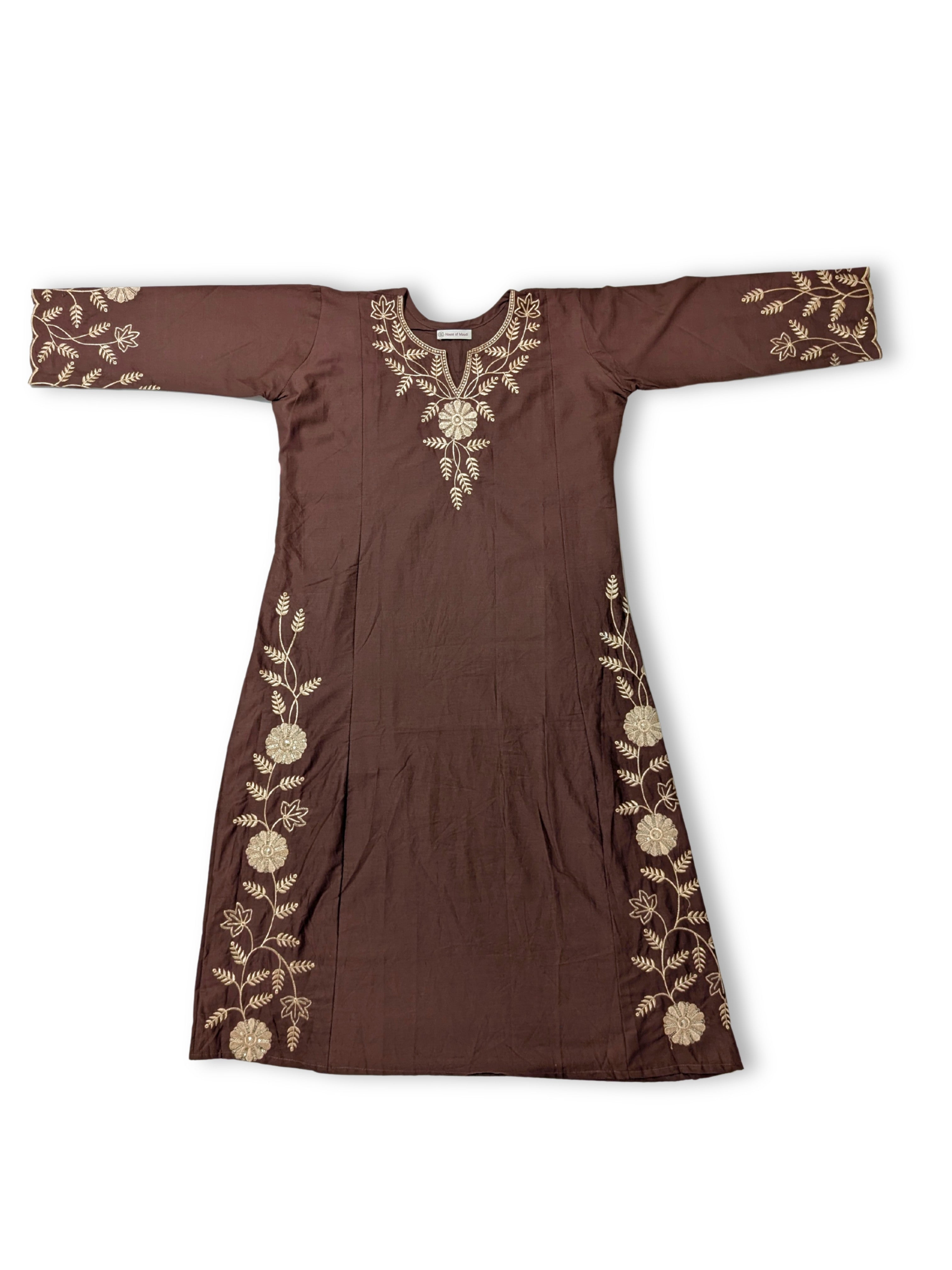Mitti Handcrafted Embroidered A-Line Dabu Cotton Brown Kurta Set