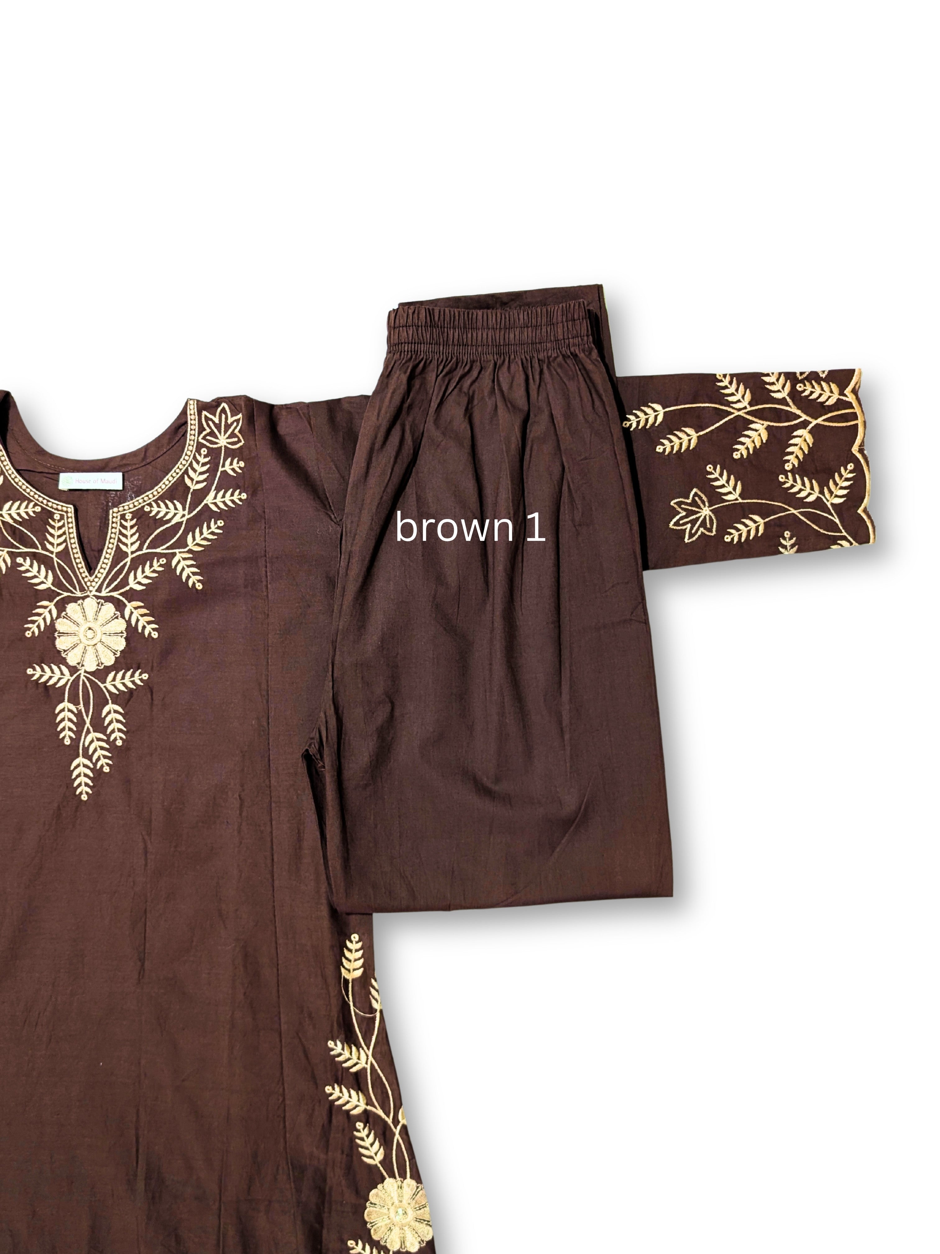 Mitti Handcrafted Embroidered A-Line Dabu Cotton Brown Kurta Set