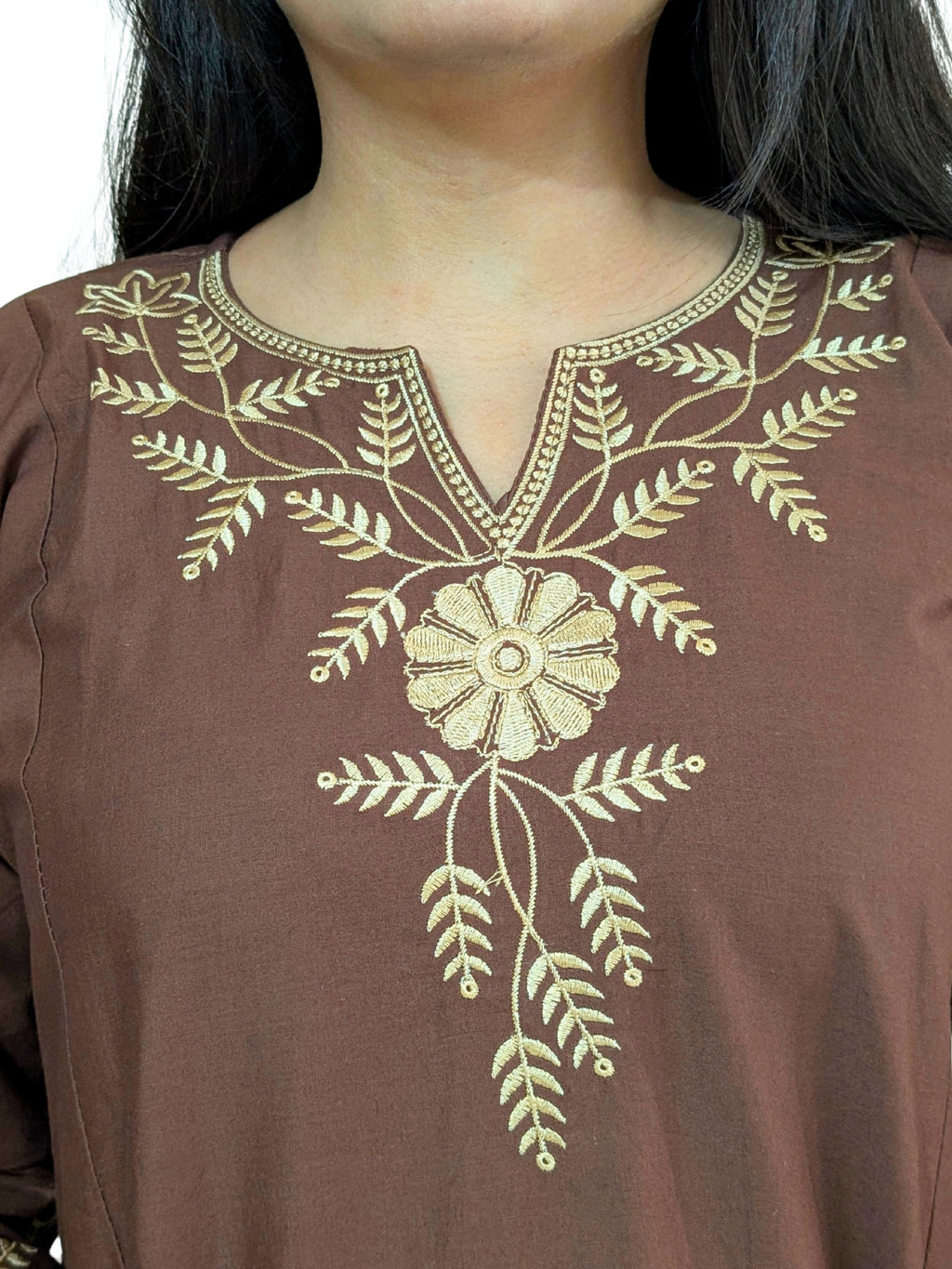 Mitti Handcrafted Embroidered A-Line Dabu Cotton Brown Kurta Set