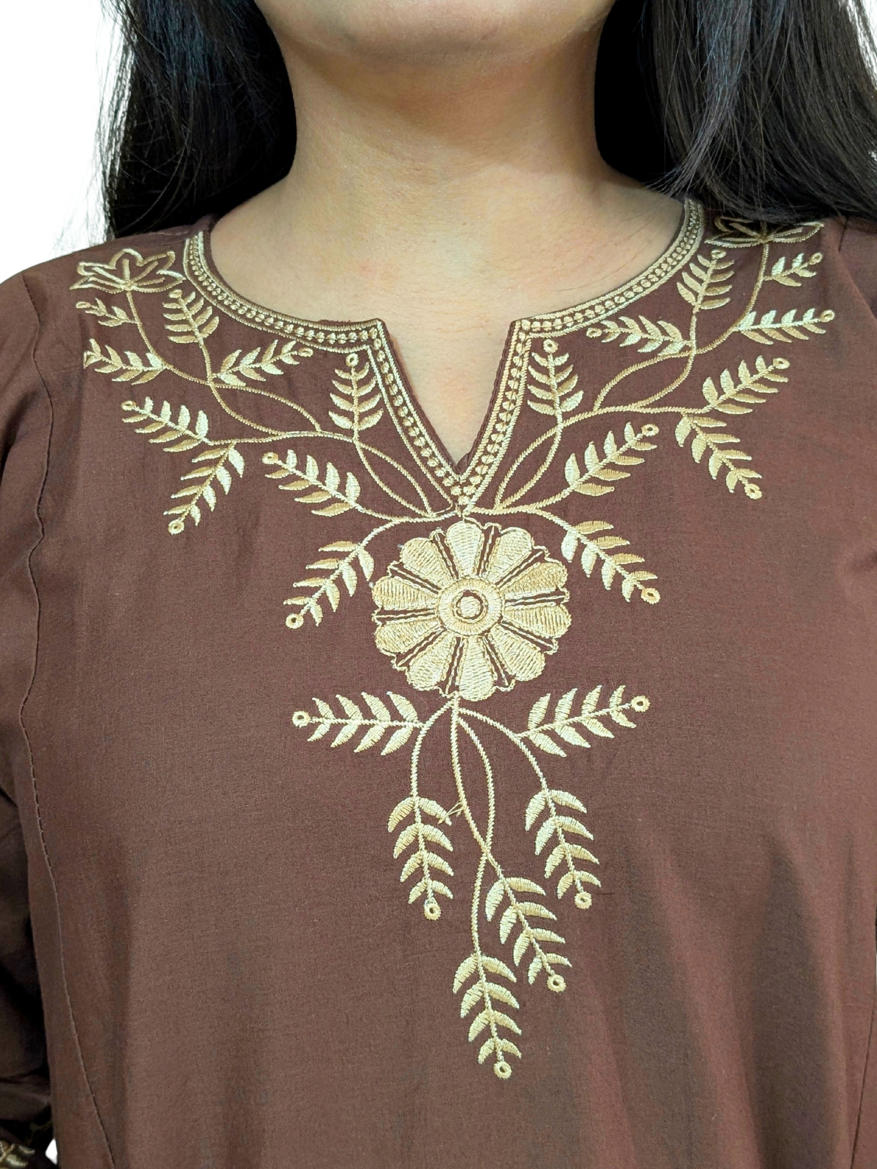 Mitti Handcrafted Embroidered A-Line Dabu Cotton Brown Kurta Set
