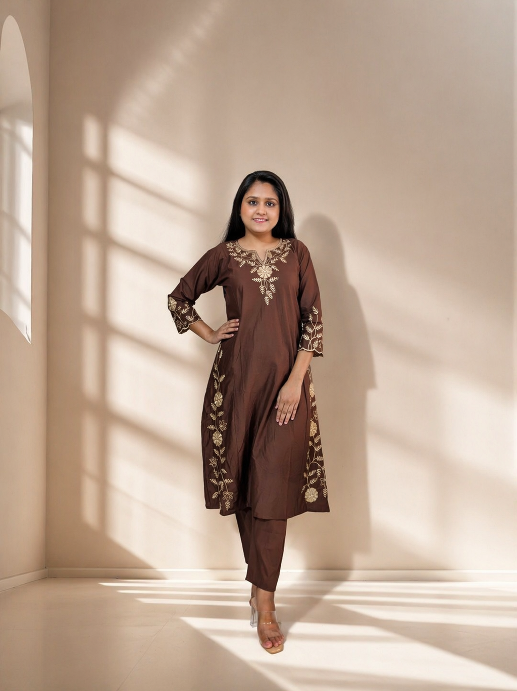 Mitti Handcrafted Embroidered A-Line Dabu Cotton Brown Kurta Set