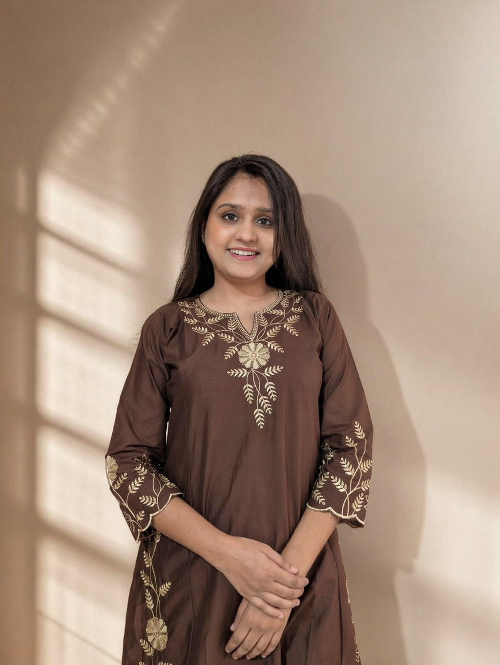 Mitti Handcrafted Embroidered A-Line Dabu Cotton Brown Kurta Set