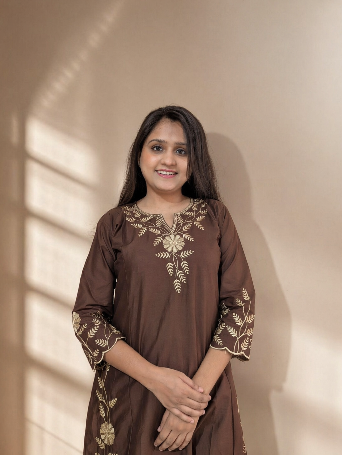 Mitti Handcrafted Embroidered A-Line Dabu Cotton Brown Kurta Set