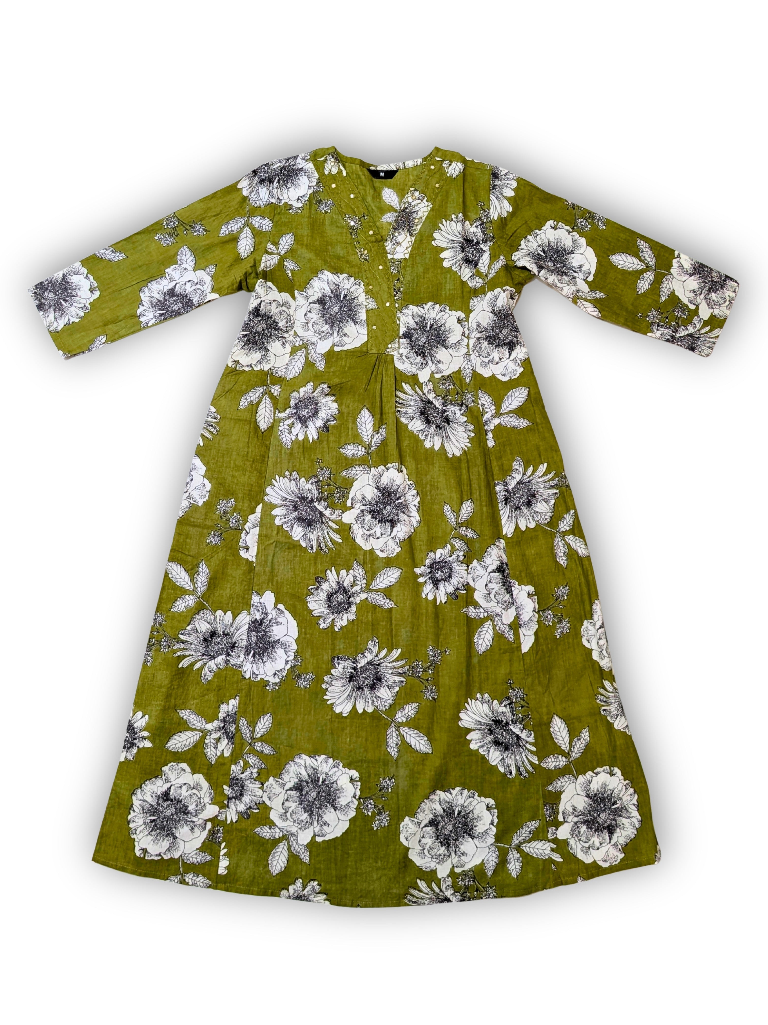 Olive Floral A-Line Kurta Set