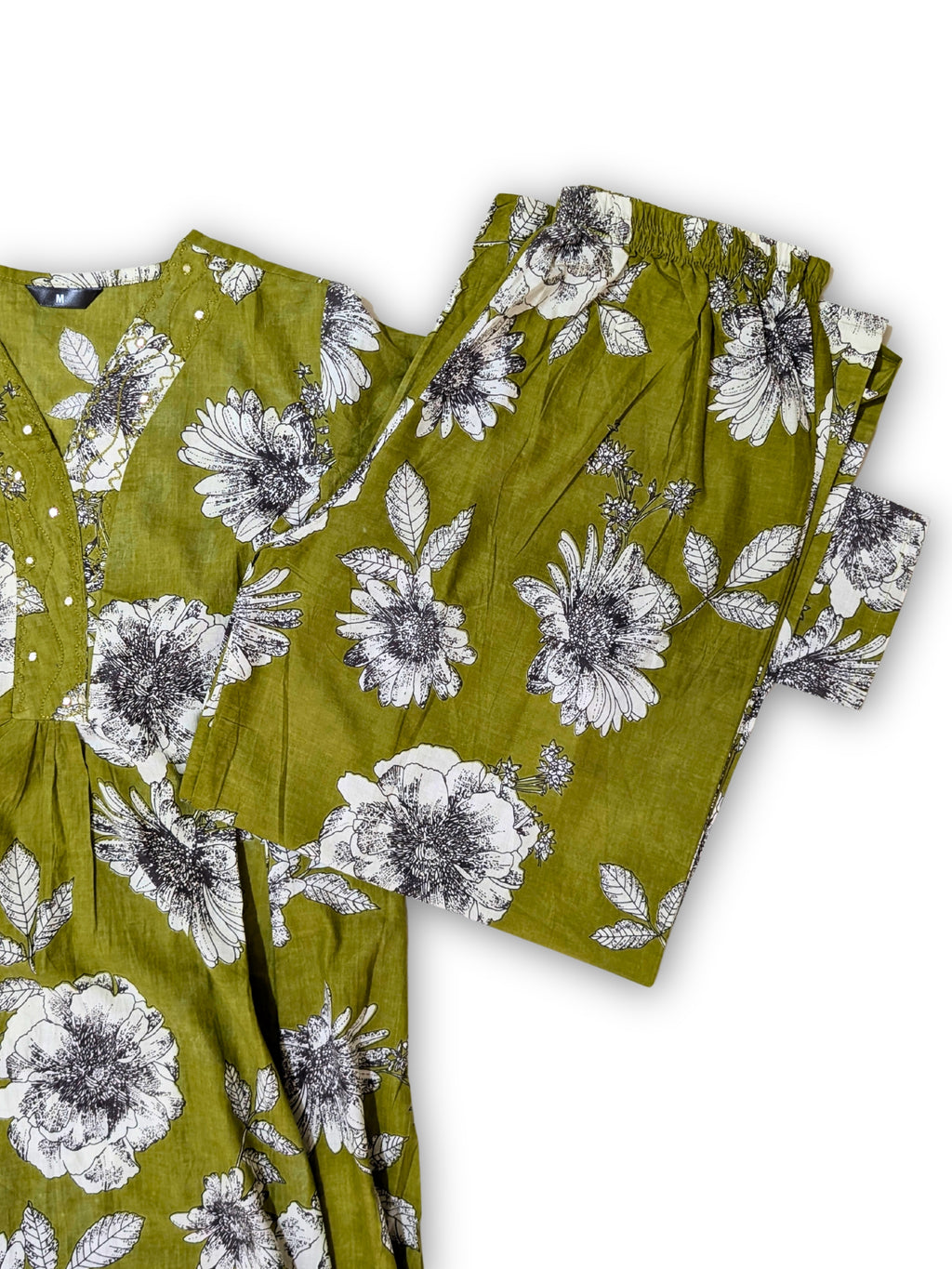 Olive Floral A-Line Kurta Set