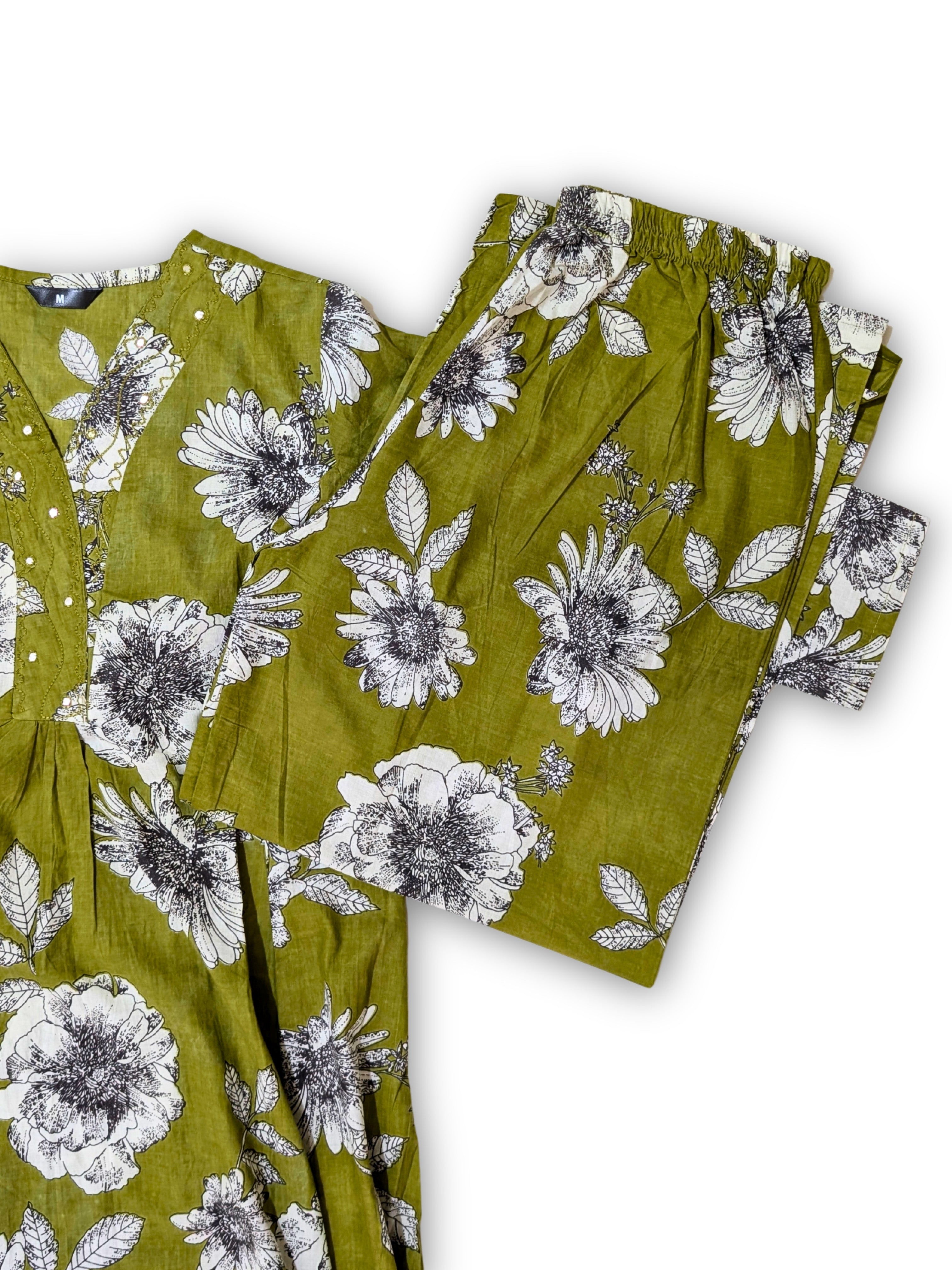 Olive Floral A-Line Kurta Set