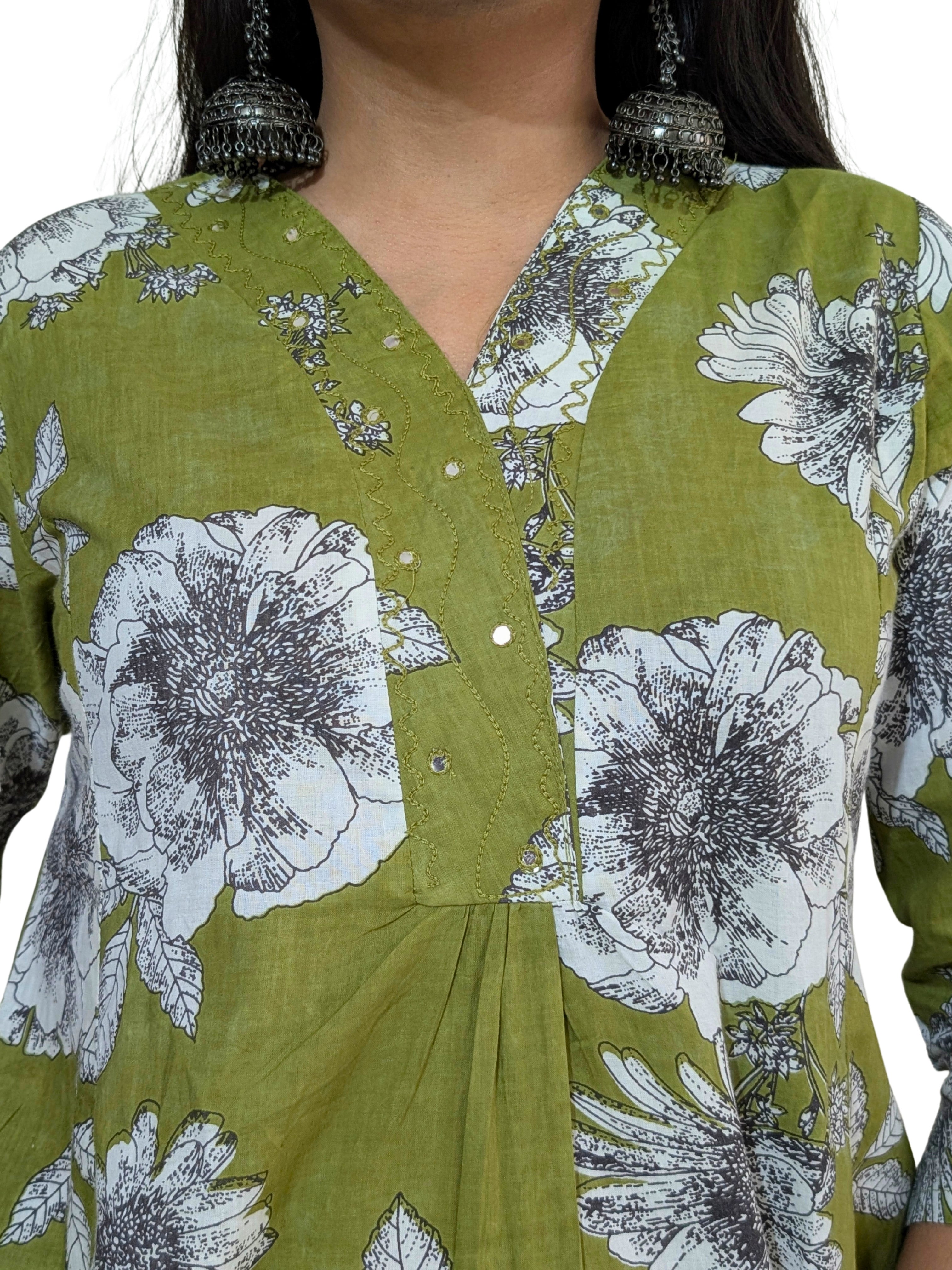Olive Floral A-Line Kurta Set