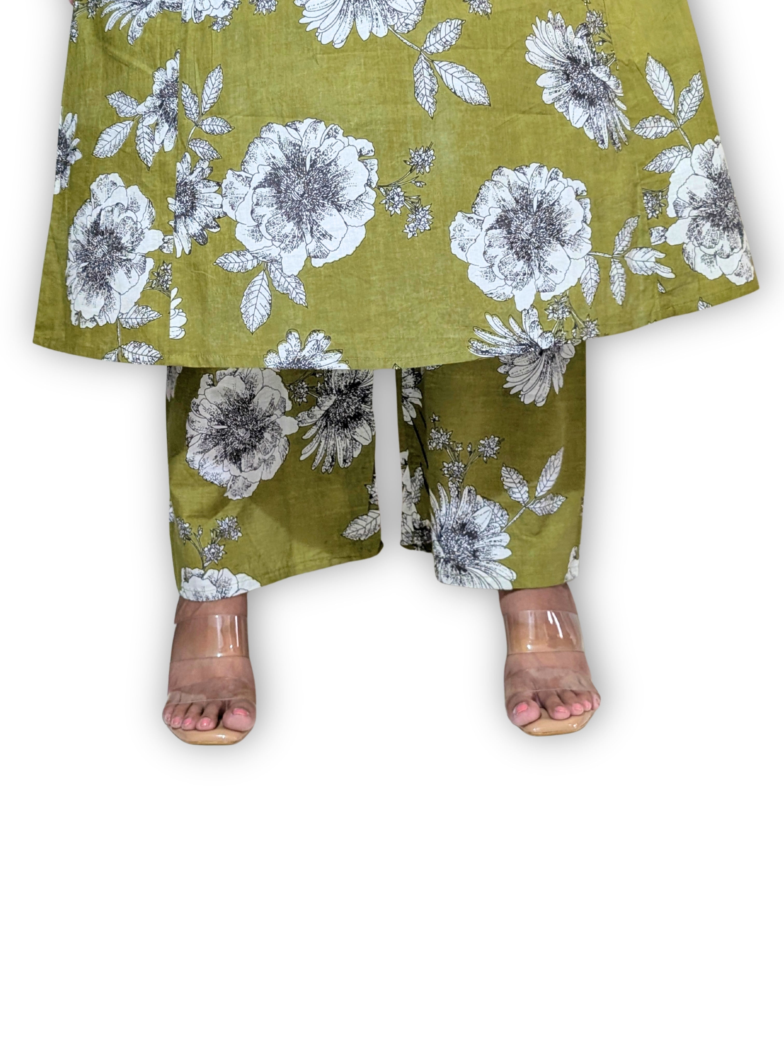 Olive Floral A-Line Kurta Set