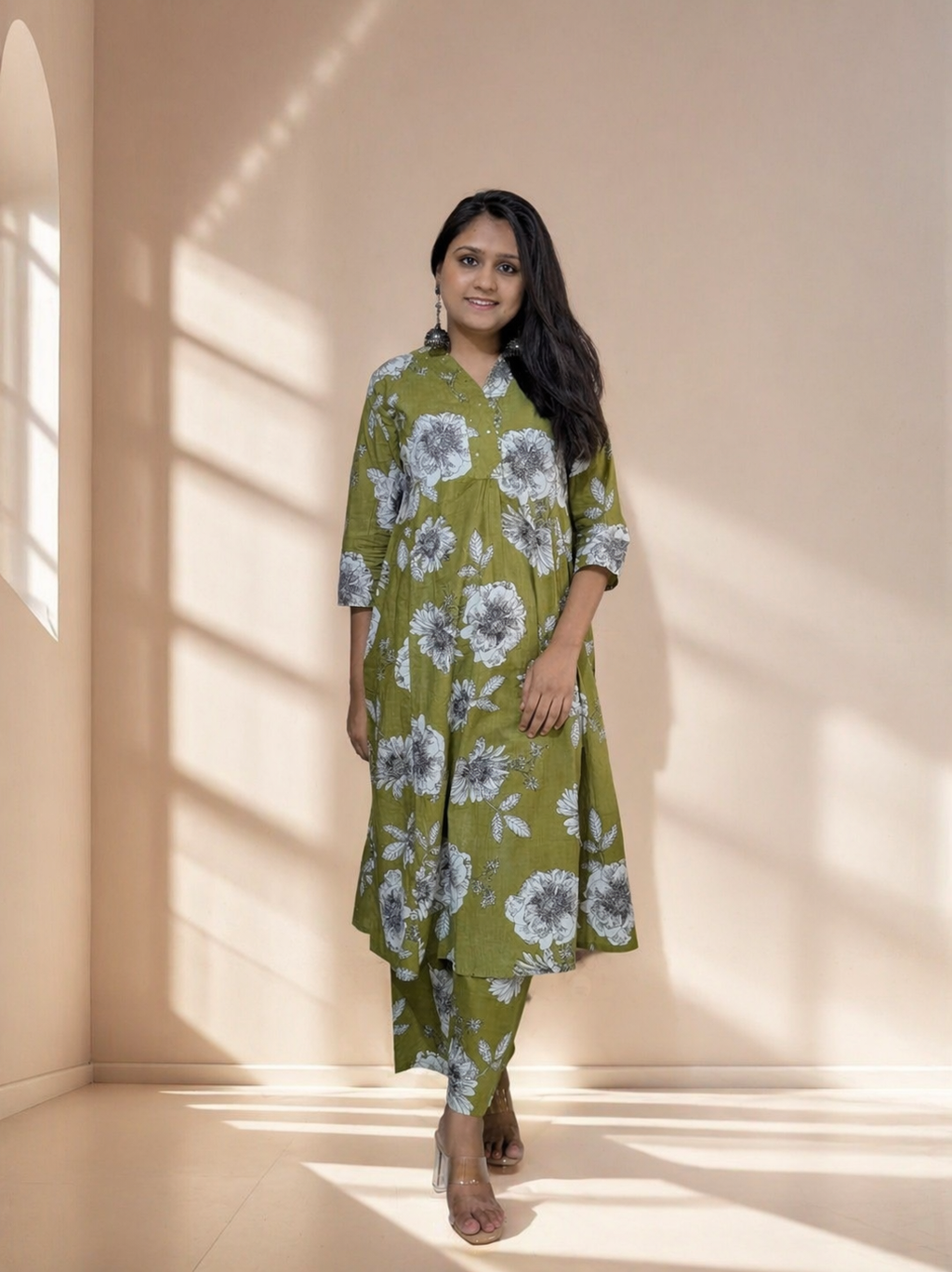 Olive Floral A-Line Kurta Set
