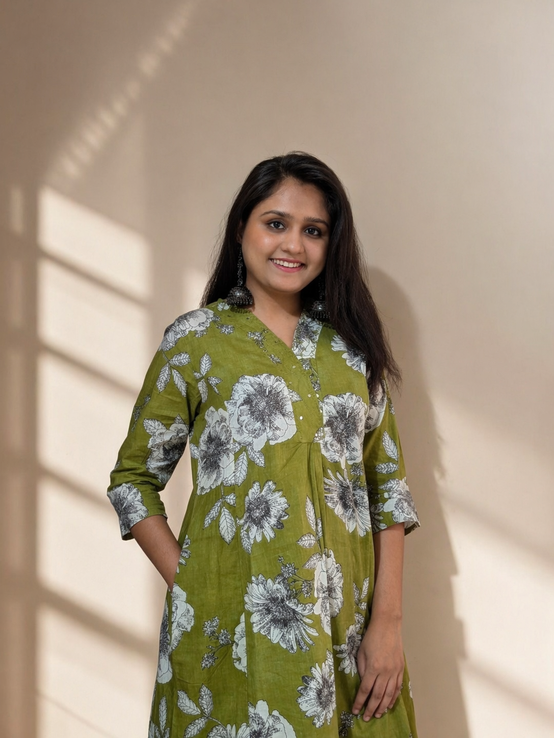 Olive Floral A-Line Kurta Set