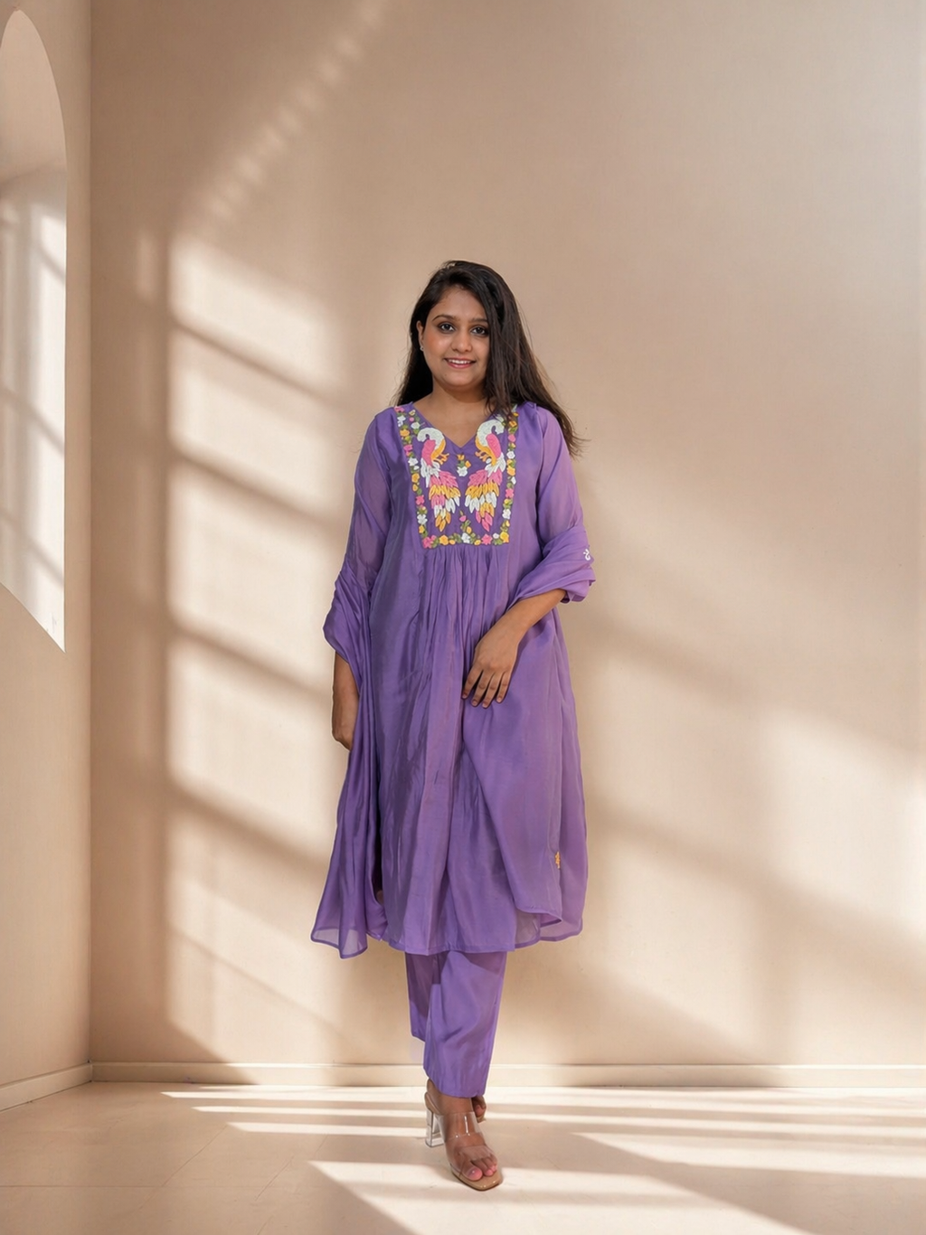 Gulnaar Hand-Embroidered Mul Chanderi Suit Set
