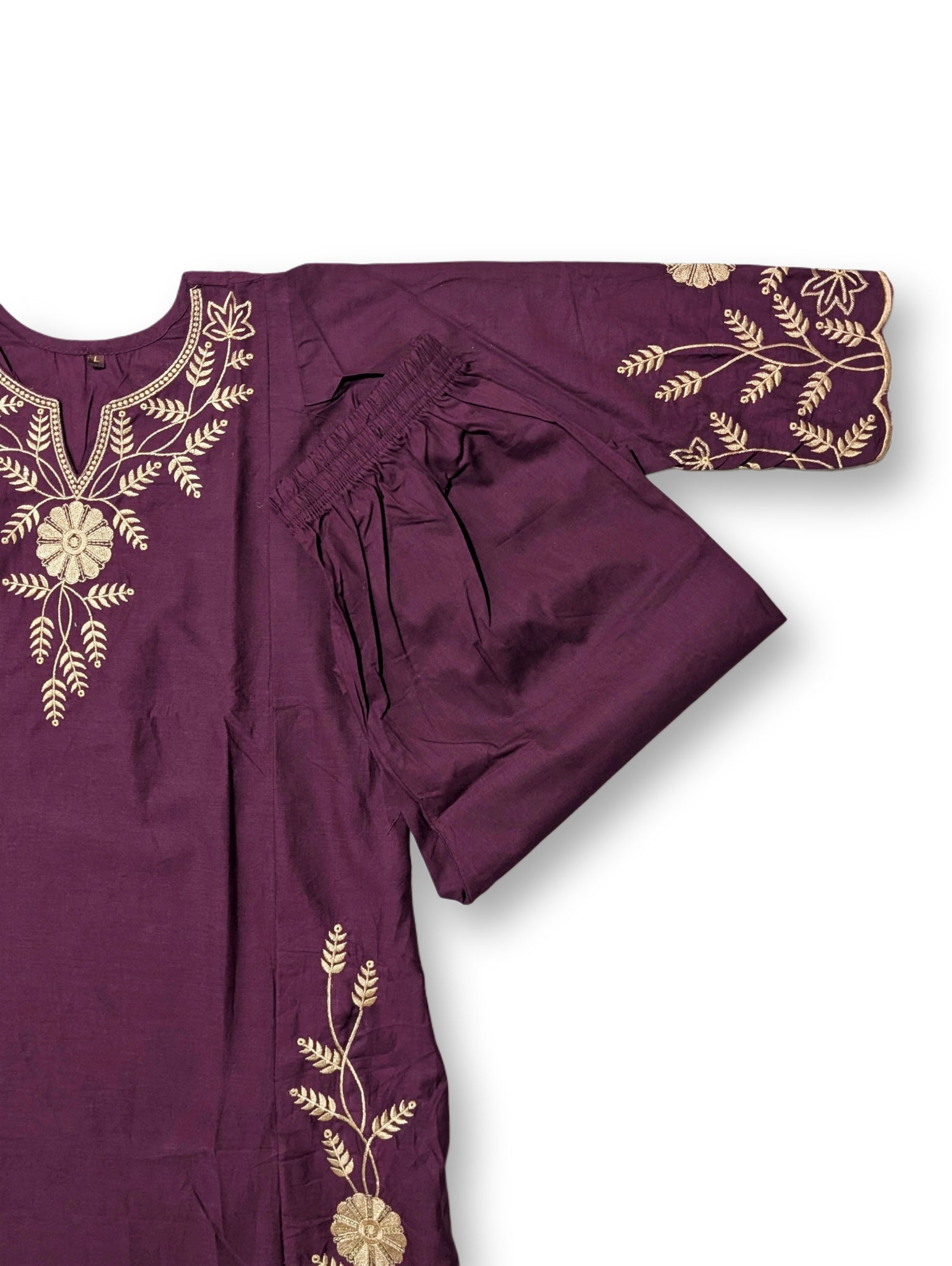 Mitti Handcrafted Embroidered A-Line Dabu Cotton wine  Kurta Set