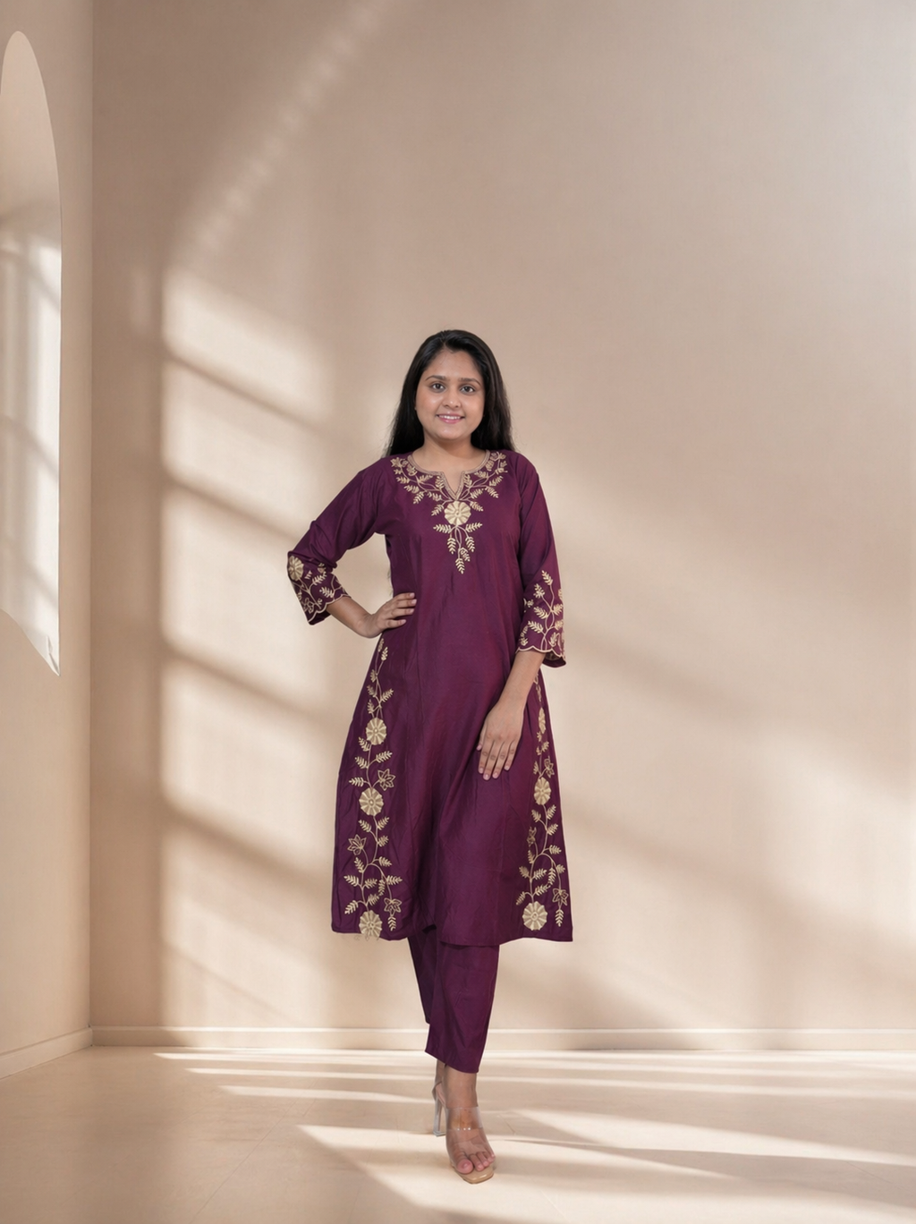 Mitti Handcrafted Embroidered A-Line Dabu Cotton wine  Kurta Set